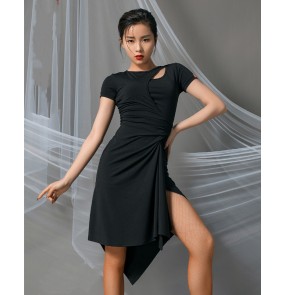 Women black short sleeves Latin dance practice clothes irregular hem latin skirts female latin salsa chacha performance dresses training dance clothes